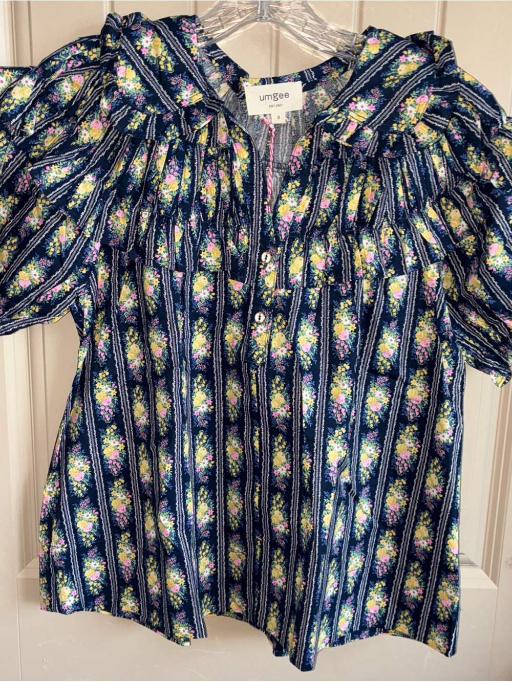 Umgee Navy Floral Button Front Top with Ruffles